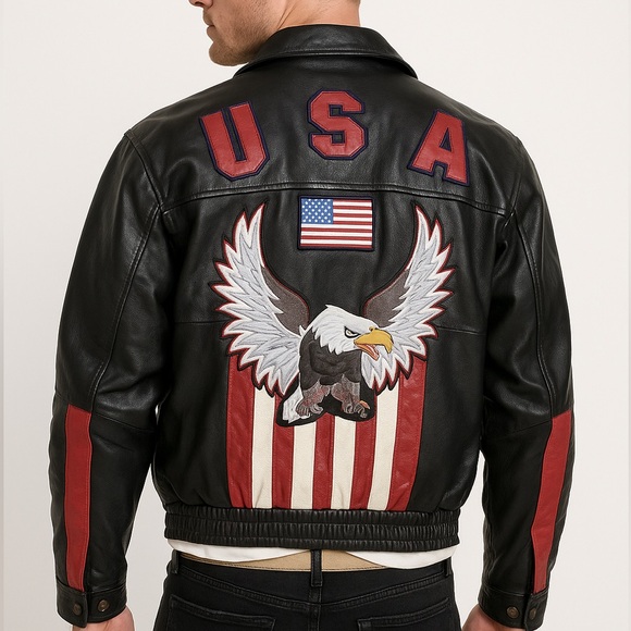 Diamond Plate Genuine Leather USA Eagle Jacket Black Biker Moto Boxy Work Style - Picture 3 of 11